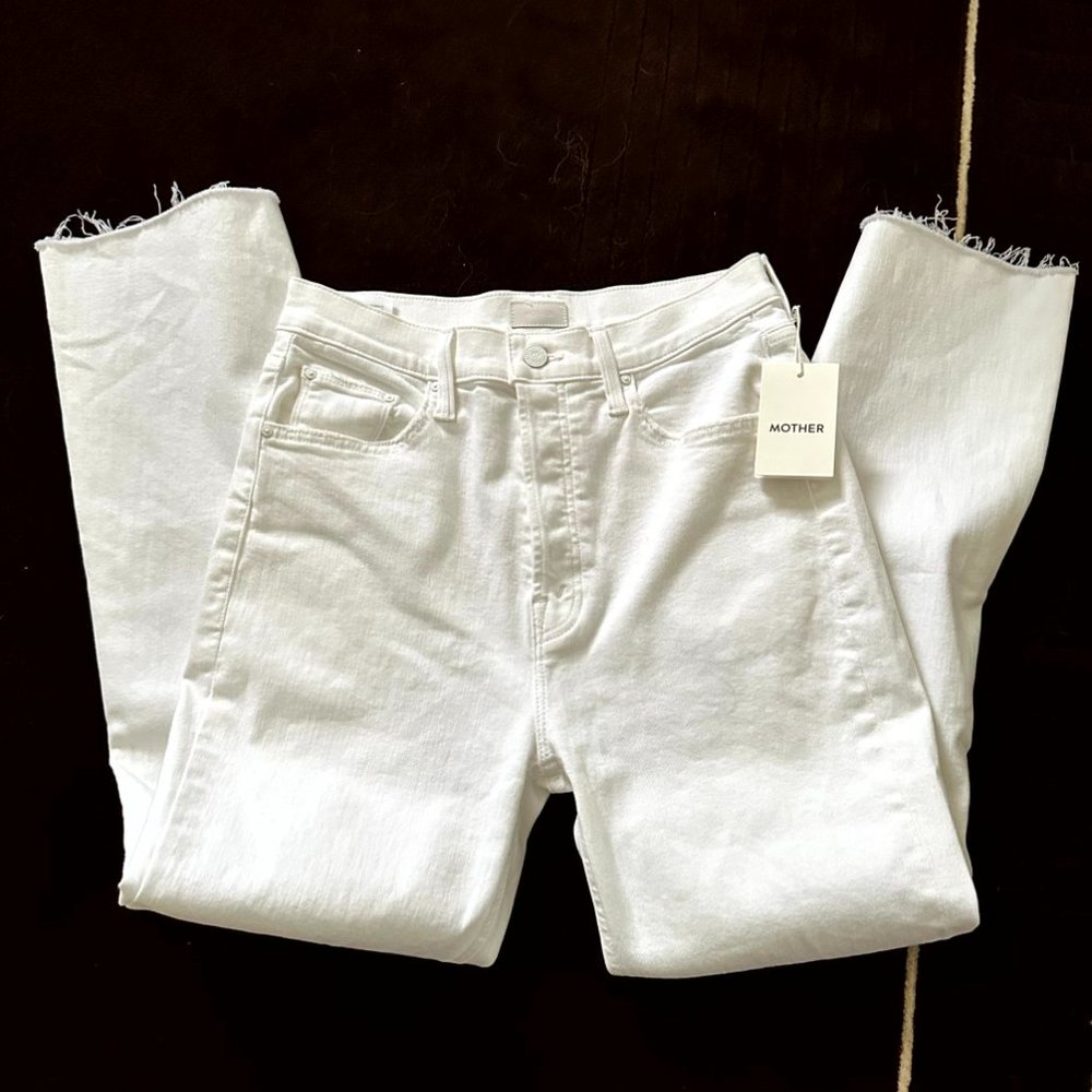 NWT MOTHER The Tripper Ankle Fray Cropped White Jeans